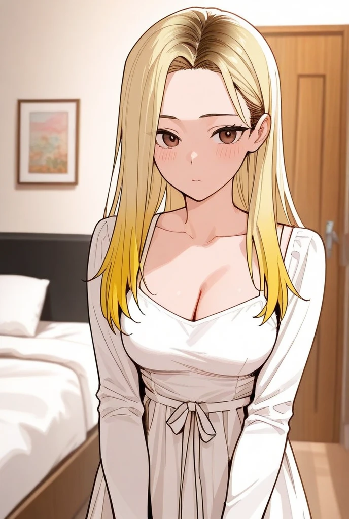 ((최고의 품질)), ((걸작)), (상세한), 여자 1명, Create an anime-style digital artwork of a character with long, straight, sleek blonde hair and bright red eyes. The character is wearing a white cardigan over a black tank top and dolphin shorts. She is accessorized with a pink heart pendant choker and long, decorative earrings. Her hair features a red heart hairpin on the side. The character is sitting in her room in front of a desktop computer, smiling warmly. The background should show a cozy room with soft lighting, with elements like a computer desk, monitor, and some personal items scattered around. The overall mood should be relaxed and inviting, capturing the essence of a casual day indoors.shiny forehead,slicked-back hair, forehead