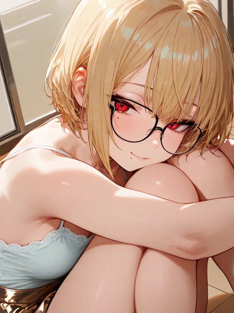 I am sitting, there is 1 girl in front of me, she has short hair, orange hair, very messy hair, beautiful blue eyes, she wears nerdy glasses, sexy red lingerie, she gives me a blowjob, deepthroat blowjob, she is looking at me, she is my personal prostitute, i can see her ass, she wears a string thong, she has a very sexy ass, 8k, best quality