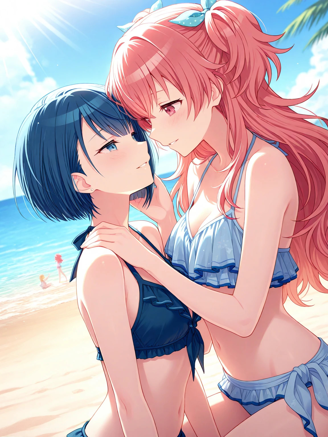 ((masterpiece, high quality, high resolution, absurd, super detailed, High saturation、8k)),real,,(bikini:1.5),(2girls on the beach:1.2,),(yuri:1.5)、(face to face:1.5) seductive smile,cute face、beautiful eyes、stand,(hug tightly:1.2)、(( pink hair,,blue hair:1.2)) (2girls on the beach)