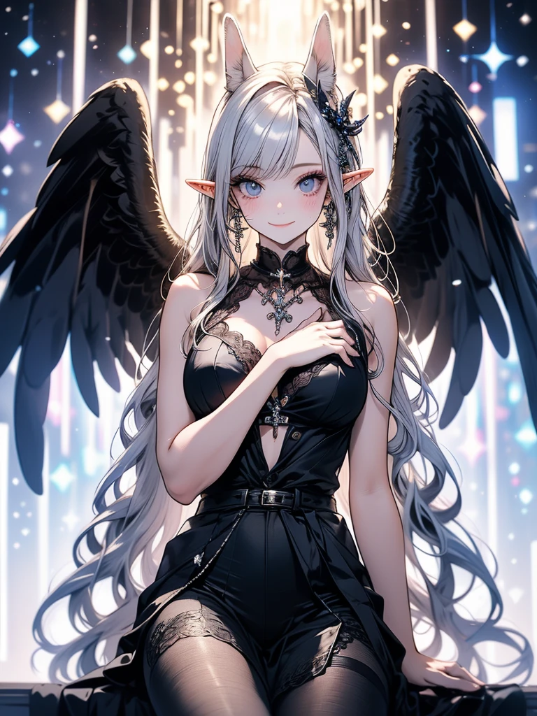 giant girl 50,000 feet high,Weight 1000kg,Have a pair of long legs,Keep your eyes open,Has three pairs of huge white angel wings,With huge devil horns on his head,wear a crown on your head,Elf wearing white earrings,She has long pink hair that reaches her feet,loose hair,Pink wavy long curly hair,Wearing a pair of black boots on her feet,white sleeves,Wearing white lace pantyhose,Bow and star embellished tights,白色蕾丝whole body,Sit on a tall building,Beautiful appearance,Exquisite makeup,quality,8k,高quality,Perfect proportion, Cinema lighting,film grain,Fuji colors,8k,textured skin,Super details,high detail,high resolution,charming,blood stains,脚底有blood stains,whole body,fat,elf princess,feather,flowers