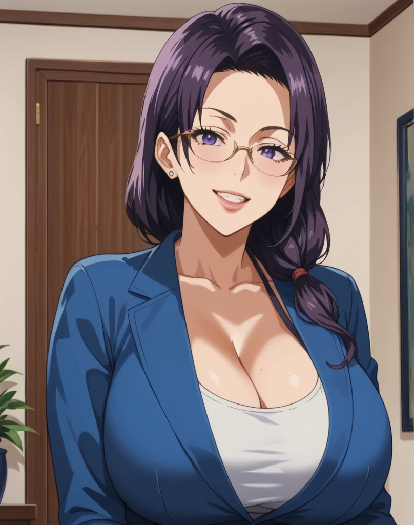 1girl, mikasa ackerman, (black hair:1.3), Hair bangs, ponytail hair, gray eyes, lips, glasses,best quality, masterpiece, best work, (wearing blue kimono), (japanese room), night time, huge_breasts, cowboy_shot, looking_at_viewer, light smile, great detailed, professional work, sharp focus, soft lighting, greatest work, outstanding quality, ((beautiful eyes)), (mature women), mature body, best quality, ((best quality, masterpiece)), best of best, aot style, show cleavage