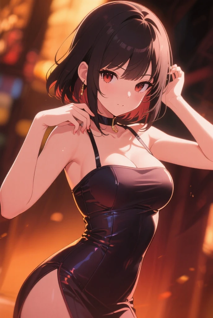 Anime style beutiful woman, 1girl,fullbody, happy, (with sparkling eyes and a contagious smile:1.2), red face, closed mouth, beautiful detailed eyes, super detailed skin, backlighting, bare shoulders, black background, black dress, black gloves, black hair, breasts, dress, earrings, fingerless gloves, floating hair, floral print, flower, gloves, gold earrings, gold hairband, hair flower, hair ornament, hairband, holding, holding weapon, jewelry, large breasts, long hair, looking at viewer, off-shoulder dress, off shoulder,red eyes, short hair with long locks, sidelocks, solo, spikes, thighs, two-sided dress, two-sided fabric, weapon, fighting stance , face, close up, from above, highest quality, high resolution,Real World, Natural light,perfect Natural light,looking at viewer,