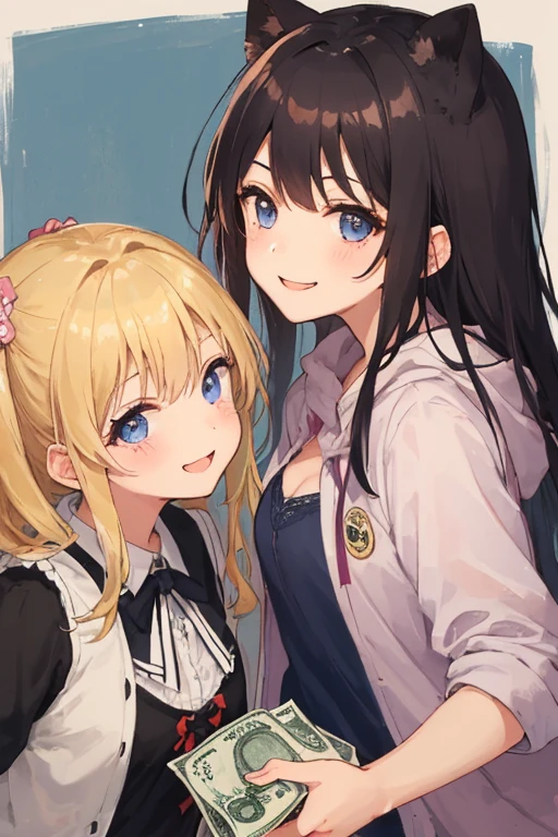 2 girls, who are 12 years old, hug each other. The one girl, has brown curly hair, blue eyes, und das andere Mädchen hat glatte blonde Haare und blue eyes