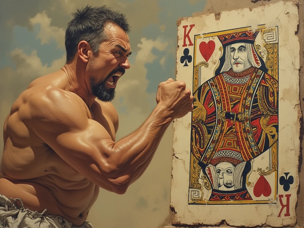 A boxer with gray hair and mustache, He has red boxing gloves and tries to play a violin but can't because of the gloves..