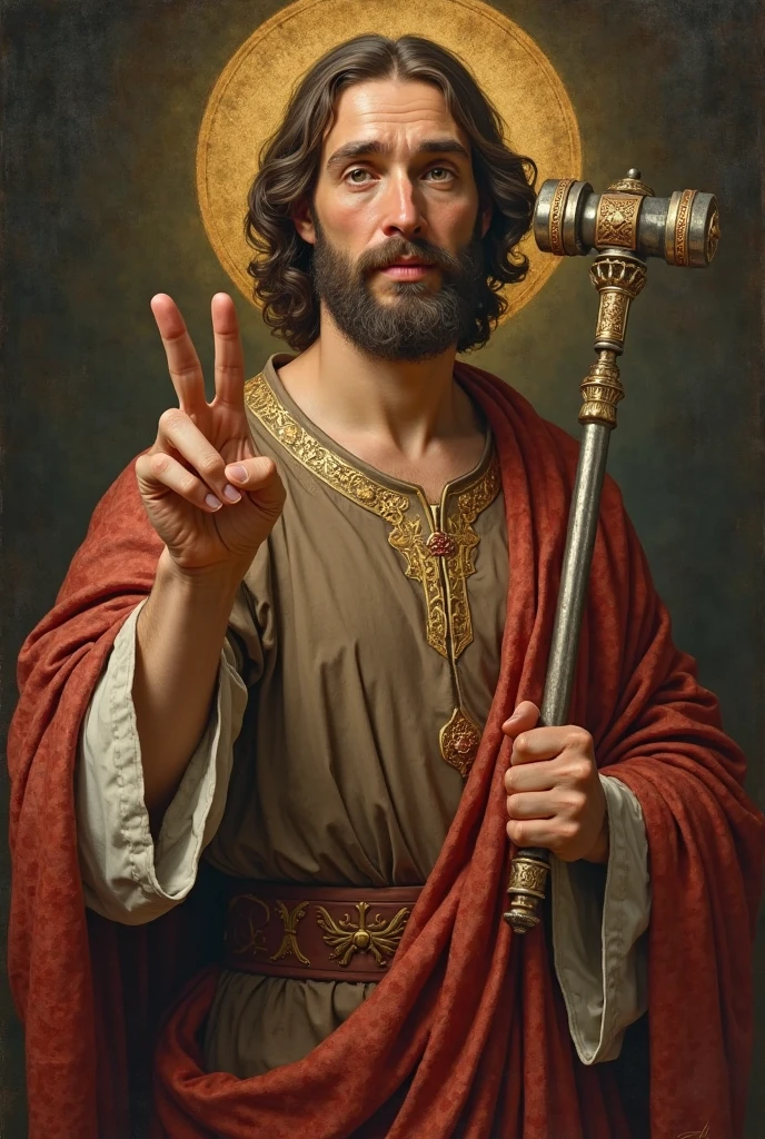 Catholic baroque image of St. John the Baptist, he is a 40-year-old man, skinny man. He has one of his fingers pointing to the sky. He is dressed in a camel skin tunic with his body a little showing, he is holding a staff, his hair is unkempt, he has a big beard. He has a wild appearance but has a serious and quiet look