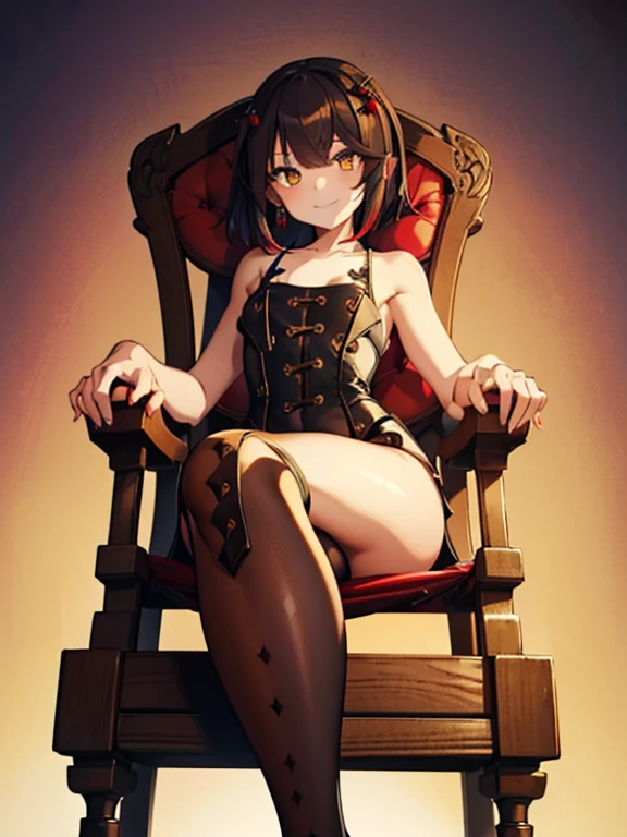 score_9, score_8_up, score_7_up, score_6_up, score_5_up, score_4_up, source_anime, 1girl,sit,brown hair,ponytail,red eyes, w-w-chain, spread arms, messy hair,black jacket, red shirt,shorts,thigh high boots,high heels,white boots,dungeon, best quality, best res, 4K UHD,