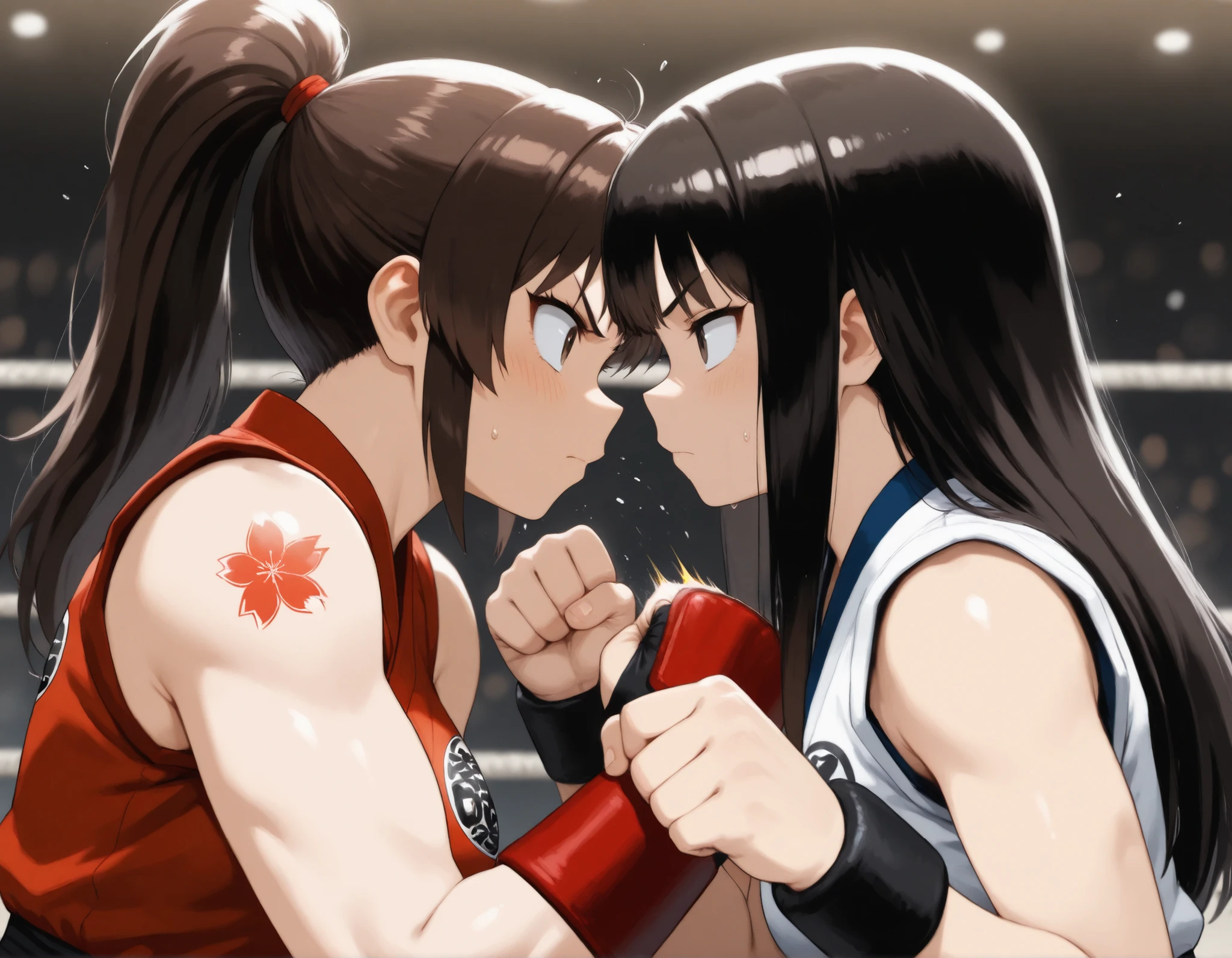((best quality)), ((masterpiece)), (detailed), perfect face, textured skin, ((super detail)), high quality, high details, Two female martial artists, Cross counter punch each other in the face, The arms of the two fighters cross and their fists hit each other in the face, Chinese martial arts masters, Hairstyle (one has brown ponytail, the other has medium-long black hair), The final blow to decide victory, Full Power Punch