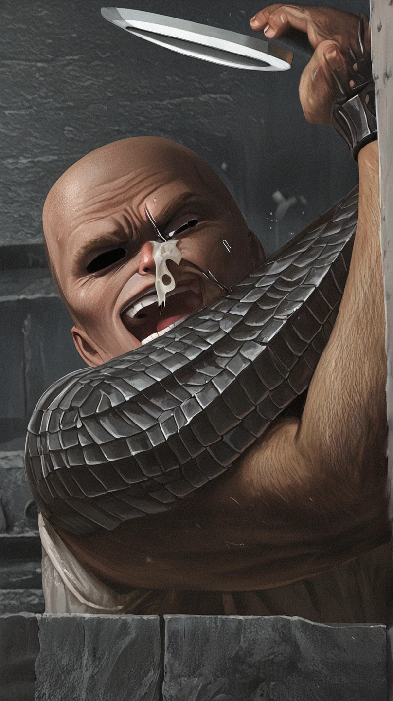 Super muscular boar beastman,Wear a uniform,Blindfold,A desperate and painful look,Mouth wide open with tongue sticking out,Getting cumshot in the face by some guys,(Surrounded by huge, red and black erect penises),(A large amount of semen all over the face),Head grabbed,mouth opener gag