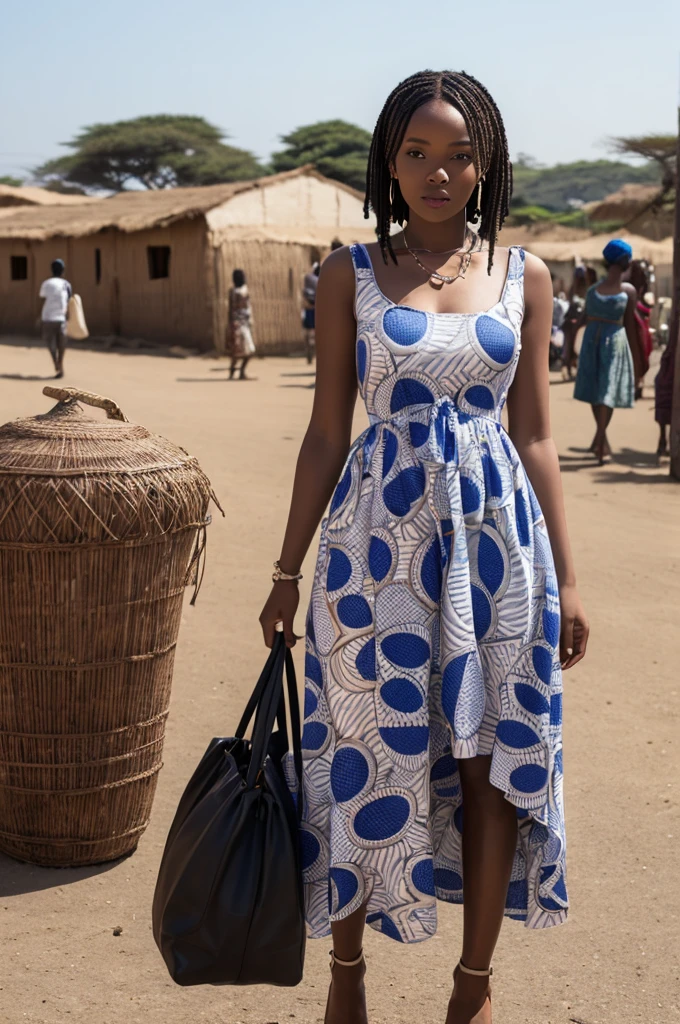 woman walking down the street carrying a large basket on her head, africana woman, africana, by Ingrida Kadaka, anthropological photography, vibrant hues, Afternoon Sunlight, por Chinwe Chukwuogo-Roy, a woman walking, wearing an africana dress, por Lily Delissa Joseph, africana arts, by Matteo Pérez, Afternoon Sun, Absolutely remarkable image, Zaha Hadid architecture in the background, in the middle of Africa