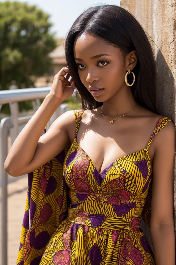 a young african woman, (big breasts, cleavage, ngực săn chắc) ((thân hình đẹp)) beautiful detailed eyes, beautiful detailed lips, extremely detailed face and skin, long eyelashes, loose hair, (leaning against wall) looking at the audience, ((full body ))
