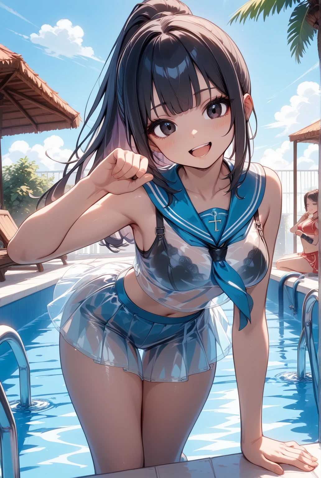1 lady, HD quality, anime, solo full body shot, (sitting with hands back:1.3), (open legs to limit:1.5), (with one knee up:1.3), showing pubic area:, (under boob:1.6), Large breasts, (cleavage), shiny skin, smiling, (thin thighs:1.3), (Sailor uniform only for the upper body:1.5), (Crop Top sheer white shirt:1.5), (sleeveless:1.6), without brassiere, (sheer white tiny micro thong:1.5), poolside, (Green detailed eyes), blue sailor collar, red ribbon tie