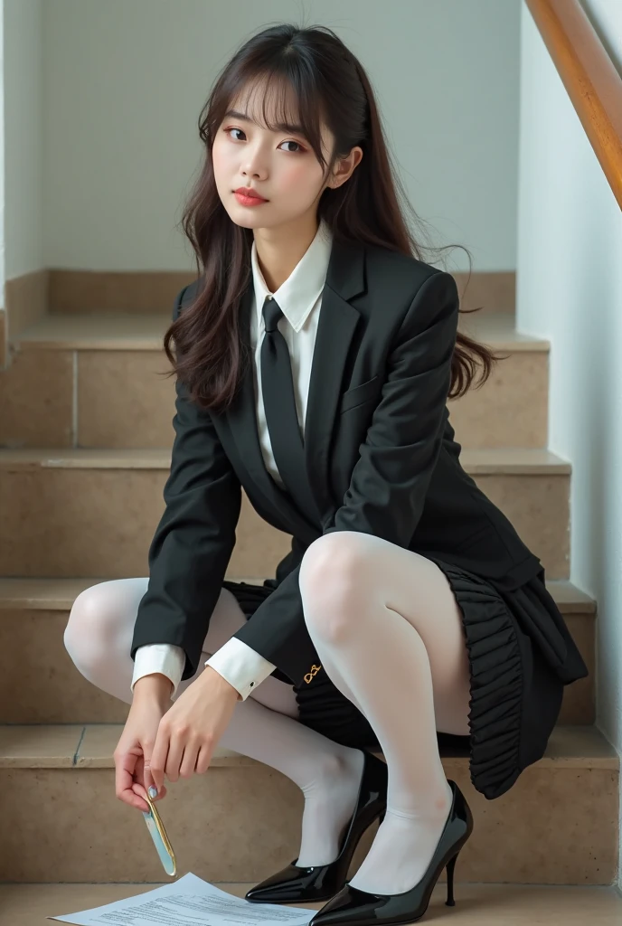 masterpiece, best quality,1girl,young girl,brown eyes,long hair,mesugaki smile,shiny skin,(nice leg line:1.3),thin waist,huge breasts
BREAK
school uniform,necktie,((pencil skirt)),high heels
BREAK
street,crowd,depth of field,looking at viewer,squatting,from behind,full body,legsupsexms