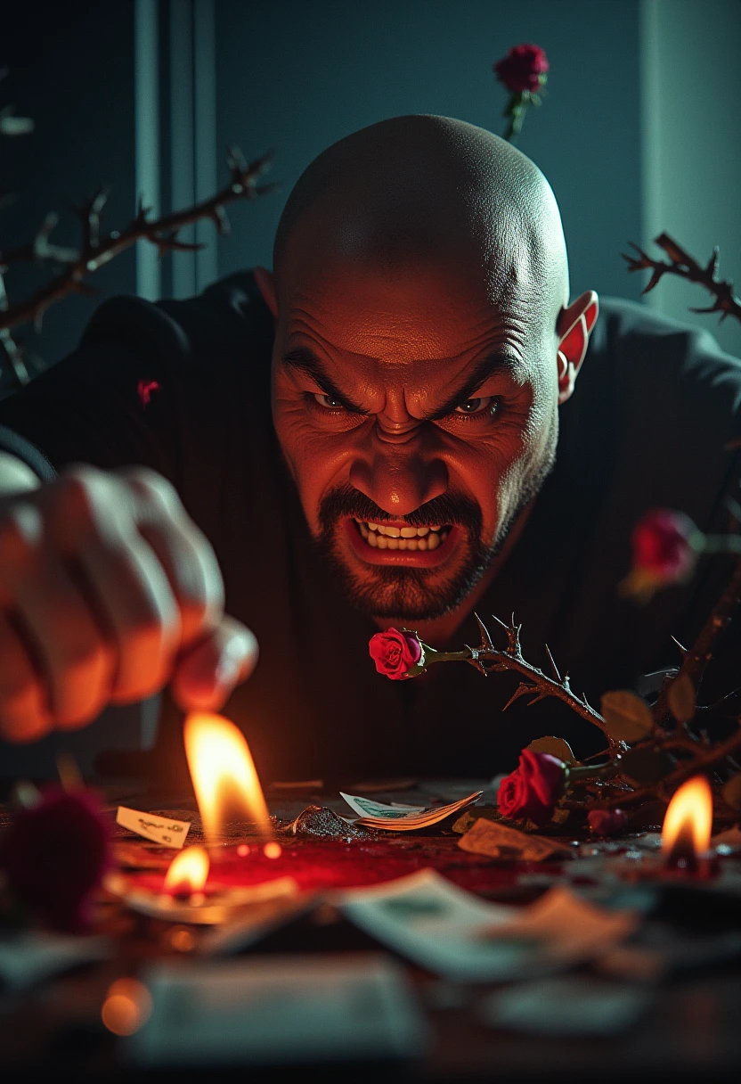 art white man handsome naked elegant with beard eats brain , black background with candles