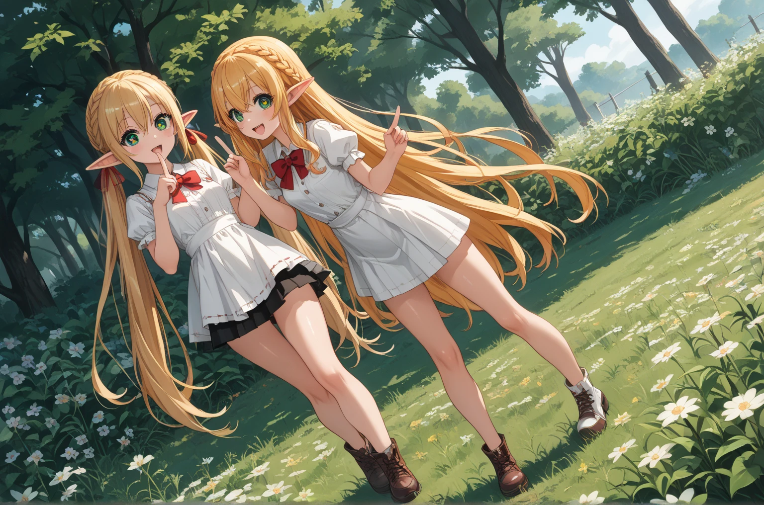 ((masterpiece, best quality)),(masterpiece), illustration, anime, 1girl,(),long blonde hair,dropping green eye, smile face, cloud, flow,(skirt lift),show off panties,(white panties), ,