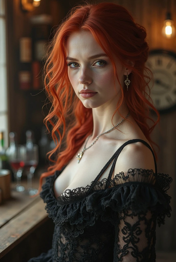 romantic gothic steampunk style, masterpiece, full color photo, best quality, 8k, artstation, sharp focus, ultrarealistic, high details, raw photo, long bright red hair, single braid , freckles, lace revealing body, amazing body, pronounced feminine feature, (redhead:0.4), (photorealistic:1.3), (highest quality:1.3), (film grain:1.3), ( world's best photography:1.3), (professional Photo:1.3), (detailed details:1.3), (cinematic light:1.3), ( cinematic color:1.3), maximum depth of field, film photography, ( intricate details:1), (hyperdetailed:1), (((SFW))) looking into the camera, sitting on old street, gothic steampunk 1800s, (megan fox:0.6) (Jessica Simpson:0.6) golden hour, light in her eyes, glamour face