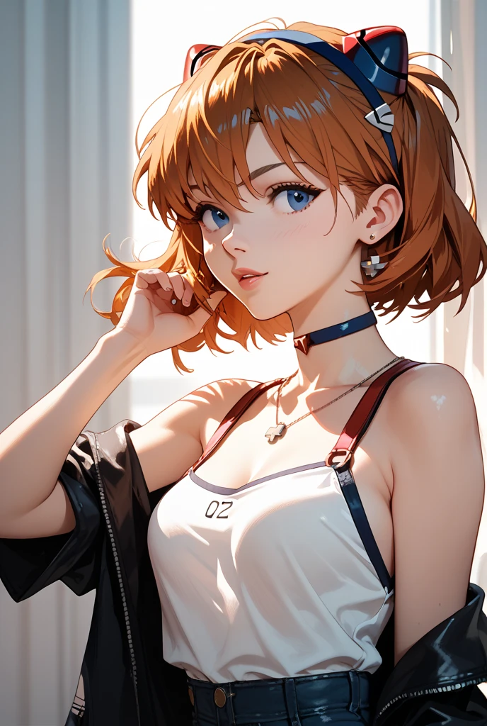 (masterpiece, best quality, (1girl:1.5), solo, intricate details, chromatic aberration), ((short wavy hair, bangs, (black eyes:1.5), blunt bangs, orange hair, bob cut)), small earrings, sharp eyes, choker, (large breasts: 1.2), cleavage, light smile, (black crop top, thin material, jean shorts), open waist, (symmetry eyes), (perfect symmetrical body), night, (((natural light))), backlighting, against grey wall, look at viewer, (((centered shot, from front, face and waist))),