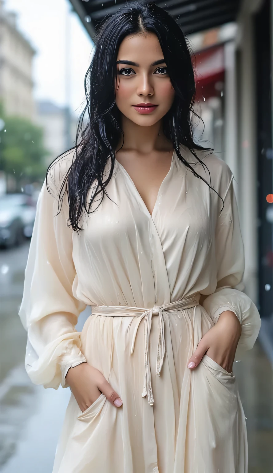 a beautiful woman,  stands strapping the city as the rain drizzles,  body and face facing the camera, Muslim dress in satin material transparent white, big ,  red lips, shoulder-length hair, tubuh basah,  wet clothes 