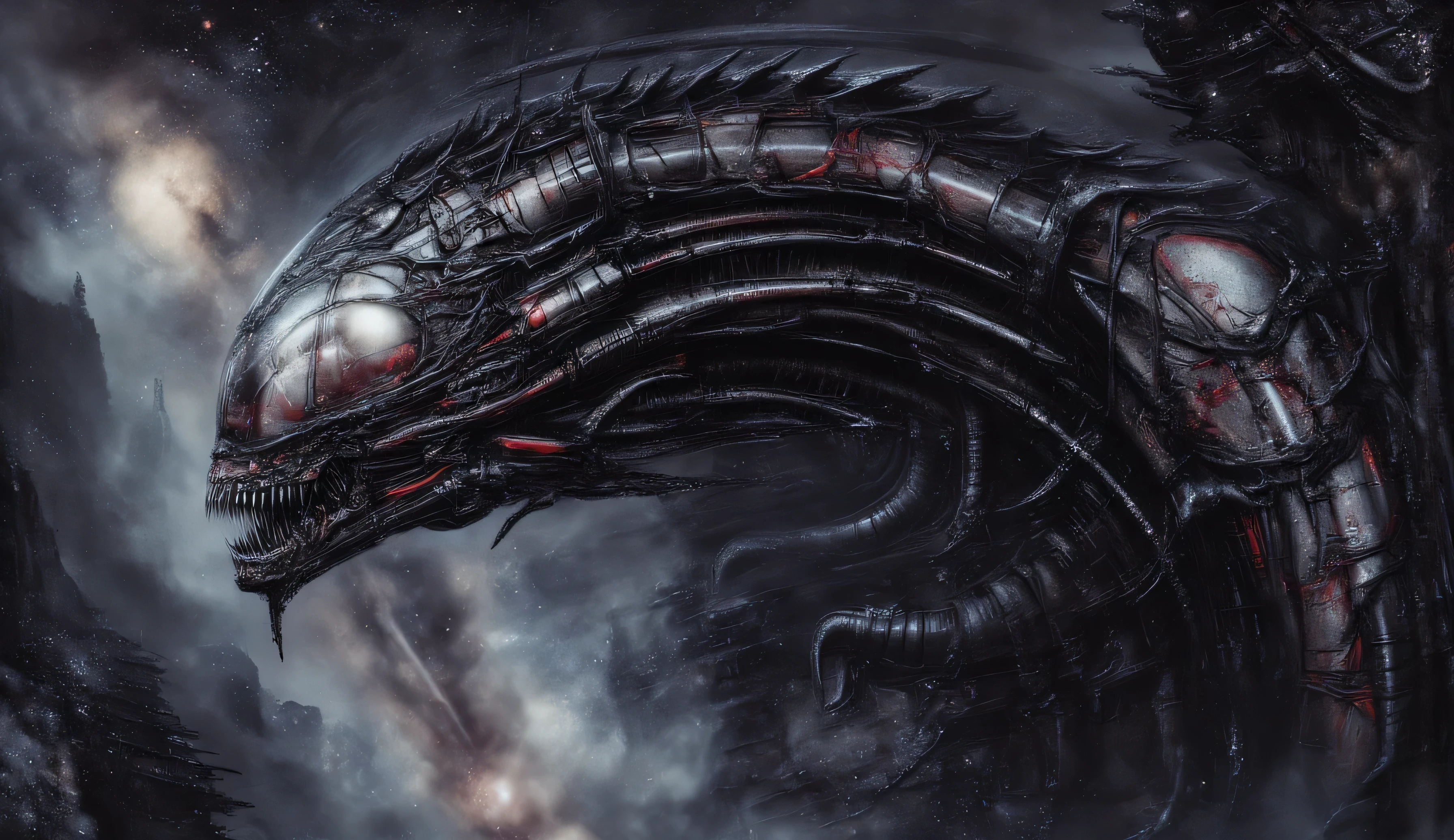 A creepy black segmented dragon combat robot, in whose head, in the fetal position, there is a white embryo from which hundreds of cables radiate. the embryo is in a closed capsule. There's a bloody liquid in the capsule. The dragon with the long neck is covered with red blood veins. A war dragon with long sharp claws, a long pointed tail, and two creepy iron wings. The dragon is flying in space. the stars of the galaxy and the cosmic beauty are visible.. An eerie landscape. Maximalism. horror.