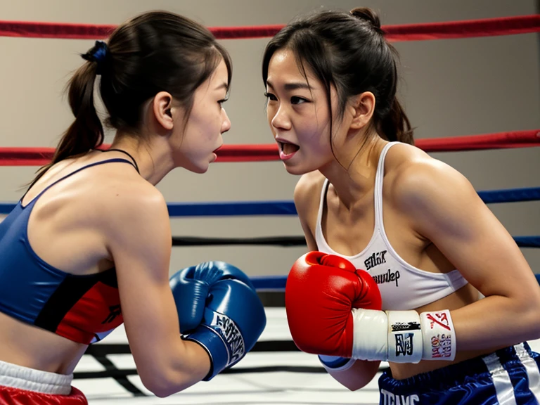 naked two cute japanese high school girl fighters are punching so hard each other in a ring. punch with all their might. dynamin action. thire body and face have bruises and blood all over her body and face. Muscular bodies. Six-pack abs. they have short-cut black hair, shortness of breath, drool from her mouth, one closed eye, exhaustion, and sweat soaked.