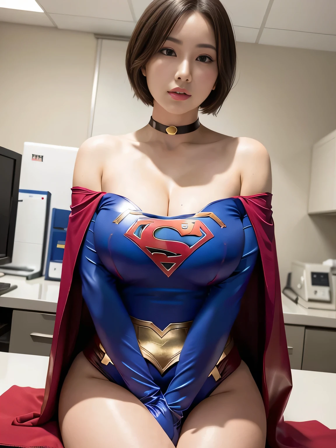 masterpiece、supergirl costume、short hair、barefoot、big and full breasts、Research room、operating table、straddle、Tattered、shiny、look at the camera、Seduce、choker、red mini skirt、long sleeve、Cowgirl
