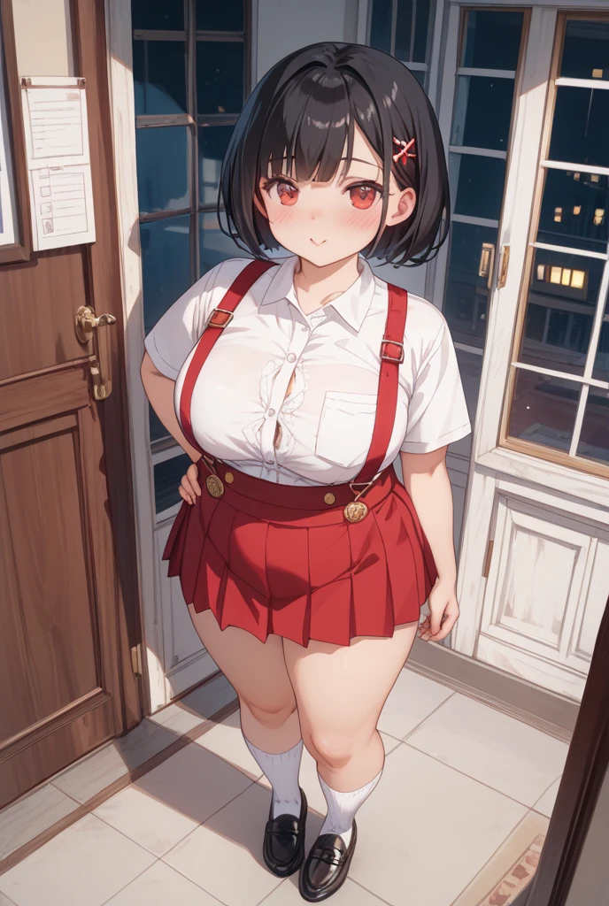 (POV from above), (Best quality: 1.5), (masterpiece: 1.5), (2.5D), (good definition), (detailed face), (well-drawn face), (vivid colors), (1 character), (exaggerated proportions), (hentai), (perfect anatomy), (character in the center), (absurd), (4k wallpaper), (detailed eyes), (perfect hands), (perfect fingers), (beautiful skin ), (shiny skin), (perfect shadows), (perfect lighting), (full body), (beautiful eyes), (masterpiece), (voluptuous body), (pretty face), young girl, dark brown hair, hair long straight with bangs, red eyes, wears (school uniform) with thigh-high stockings, flirtatious and lustful expression, huge breasts, huge thighs, huge butt, voluptuous body, good proportions, is walking down the street and a young boy with huge penis hugs her thigh