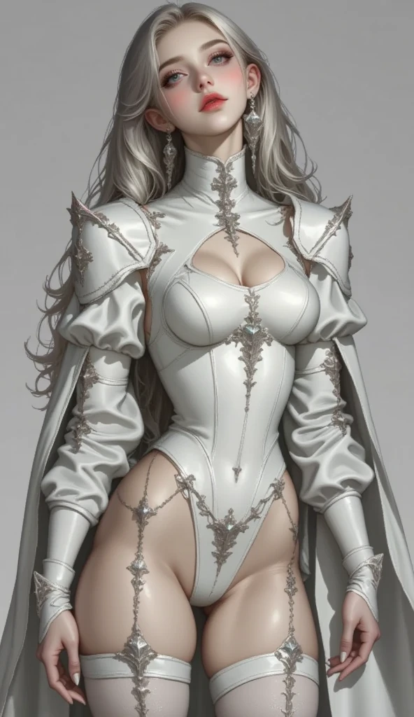 Upscale full body, Expansive landscapes, dark fantasy evil superheroine alias White Princess, beautiful pale face, gray long hair, hazel eyes, red lips, pale white skin, realistic skin texture, white silver body armor, white boots, vibrant colors, elaborate small details, 3d effect, octane render, cinematic, dynamic movement, ultra realistic