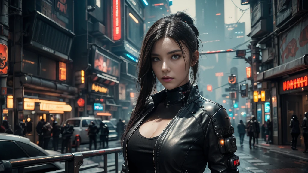 masterpiece,best quality,high resolution,8K,(Portraits:1.5),(R Original Photo),The real situation,Digital Photography,(A fusion of cyberpunk and fantasy),(Policewoman),White women,Feel free to hairstyle,hair,blue eyes,By Bangs,(Large Breasts, Accessories,shut your mouth,Elegant and charming,Serious and arrogant,Calm and handsome,(Combination of cyberpunk and fantasy style clothing,hollow-carved design,Large Breasts,Photo poses,Realistic style,Gray World Background,oc render reflection texture,futuristic city,Medium distance photography