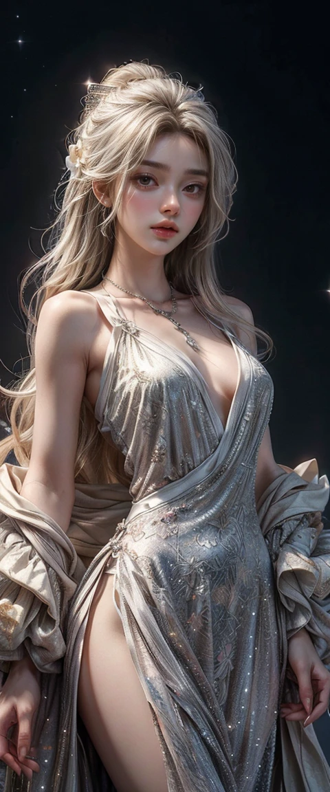 (Highest quality, masterpiece:1.2), Ultra-high resolution, Realistic, Front lighting, Exquisite detail, Exquisite detail and texture, One girl, alone ,(young), Facial highlights, Upper Body, Detailed face, Teardrop Mole, white skin, Silver Hair, ponytail, Braid, View your viewers, Big eyes, silk robe, (Hollow pattern, white, silk), Earrings, Small breasts, The body is slim, Luxurious Room, Professional Lighting, Photon Mapping, Radio City, Physically Based Rendering,