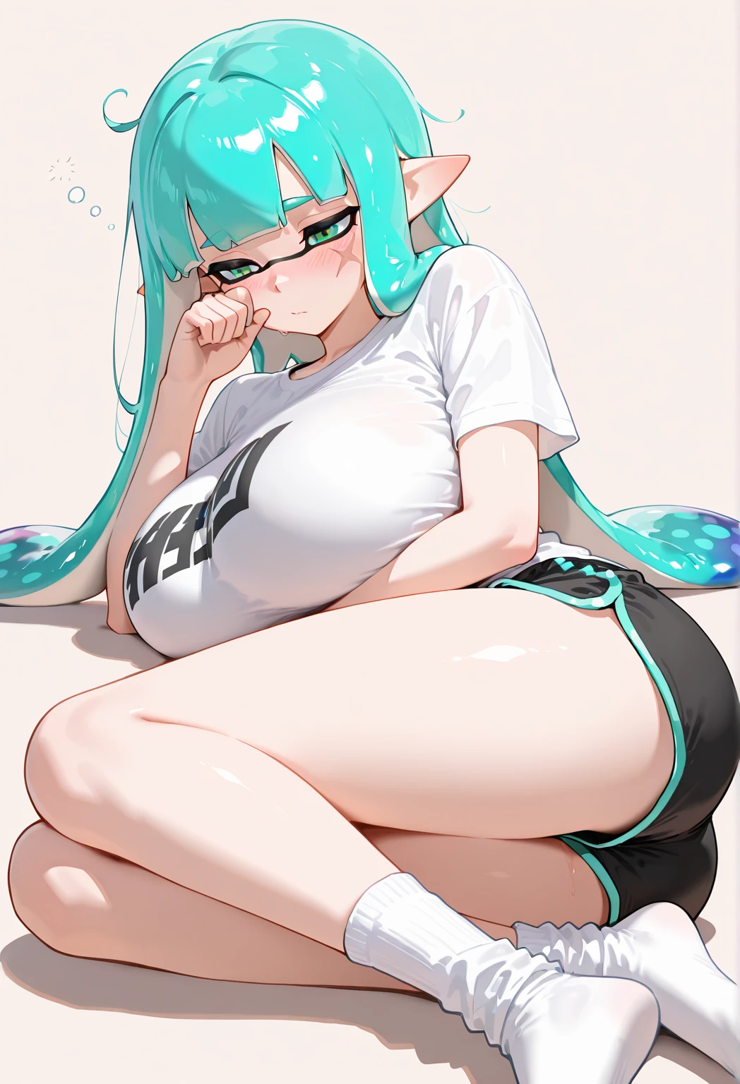 8K, high resolution, NSFW, from below, tentacles queen, (gigantic breasts), huge pelves, inner flesh, splatoon, strong eyes, arms behind head, armpit, , ghost nocturnal