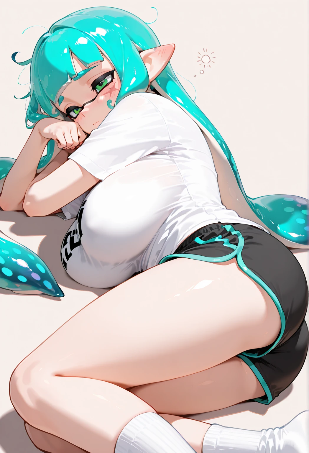 goodsmile_racing vocaloid hatsune_miku racing_miku 1girl :o alternate_costume aqua_footwear aqua_hair aqua_nails blush breasts crop_top dolphin_shorts hair_intakes hair_ornament juice_box knee_up long_hair looking_at_viewer narrowed_eyes navel shoes shorts sitting sketch small_breasts sneakers solo sweat thick_thighs thighs twintails v-shaped_eyebrows very_long_hair very_sweaty workout_clothes x_hair_ornament covered_nipples bouncing_breasts