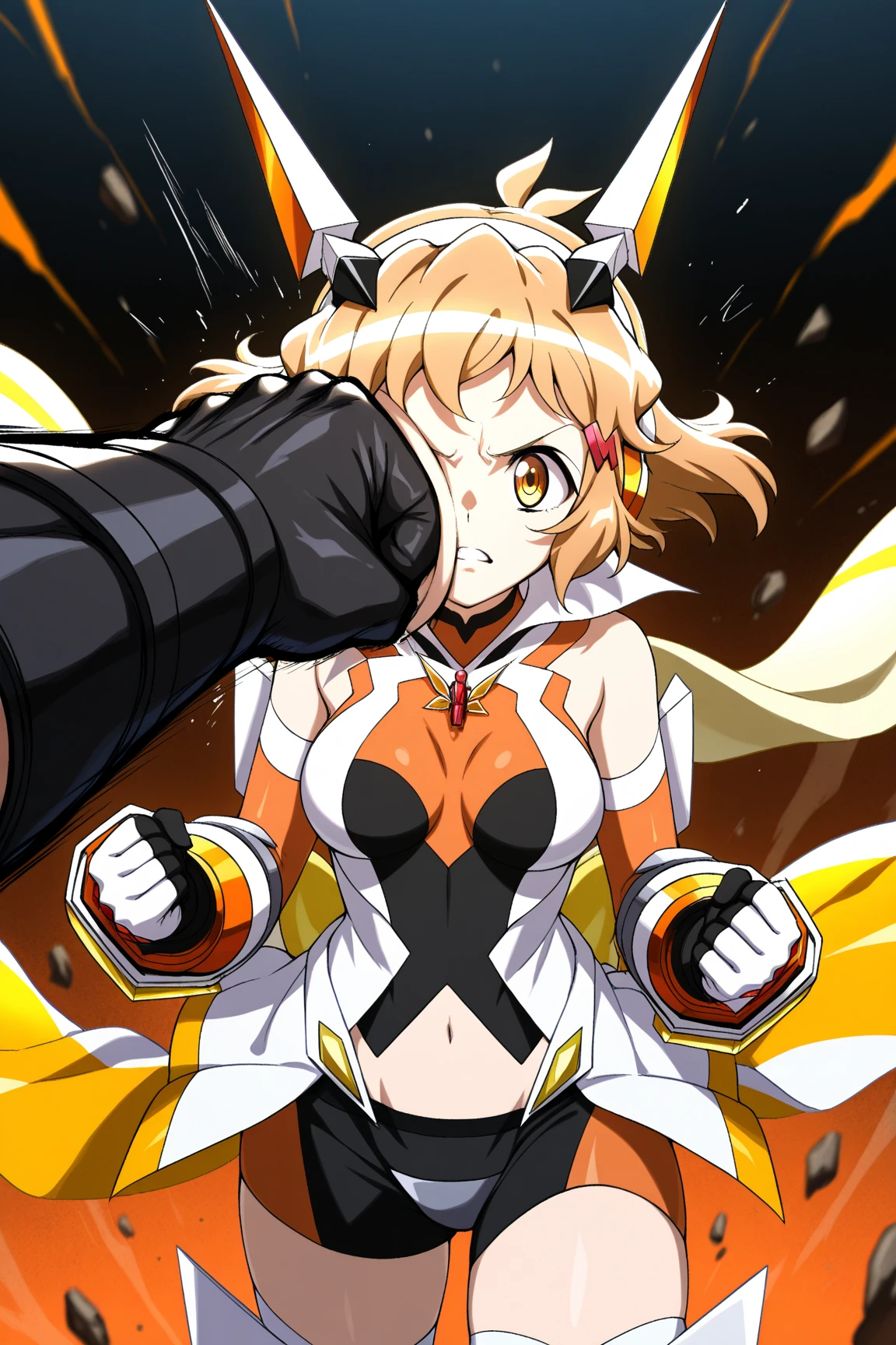 (Best quality, anime style, 1foxgirl, ahoge, short blonde hair, 20 years, tall perfect body), long fox ears, long fox tail, ((off shoulder black jacket, white tank top, black dolphin shorts, thong straps, white thigh highs)), yellow eyes, (colossal breasts, thick thighs, wide hips, thick ass, plump ass, sexual), perfect anotomy, super sexy, hourglass figure,