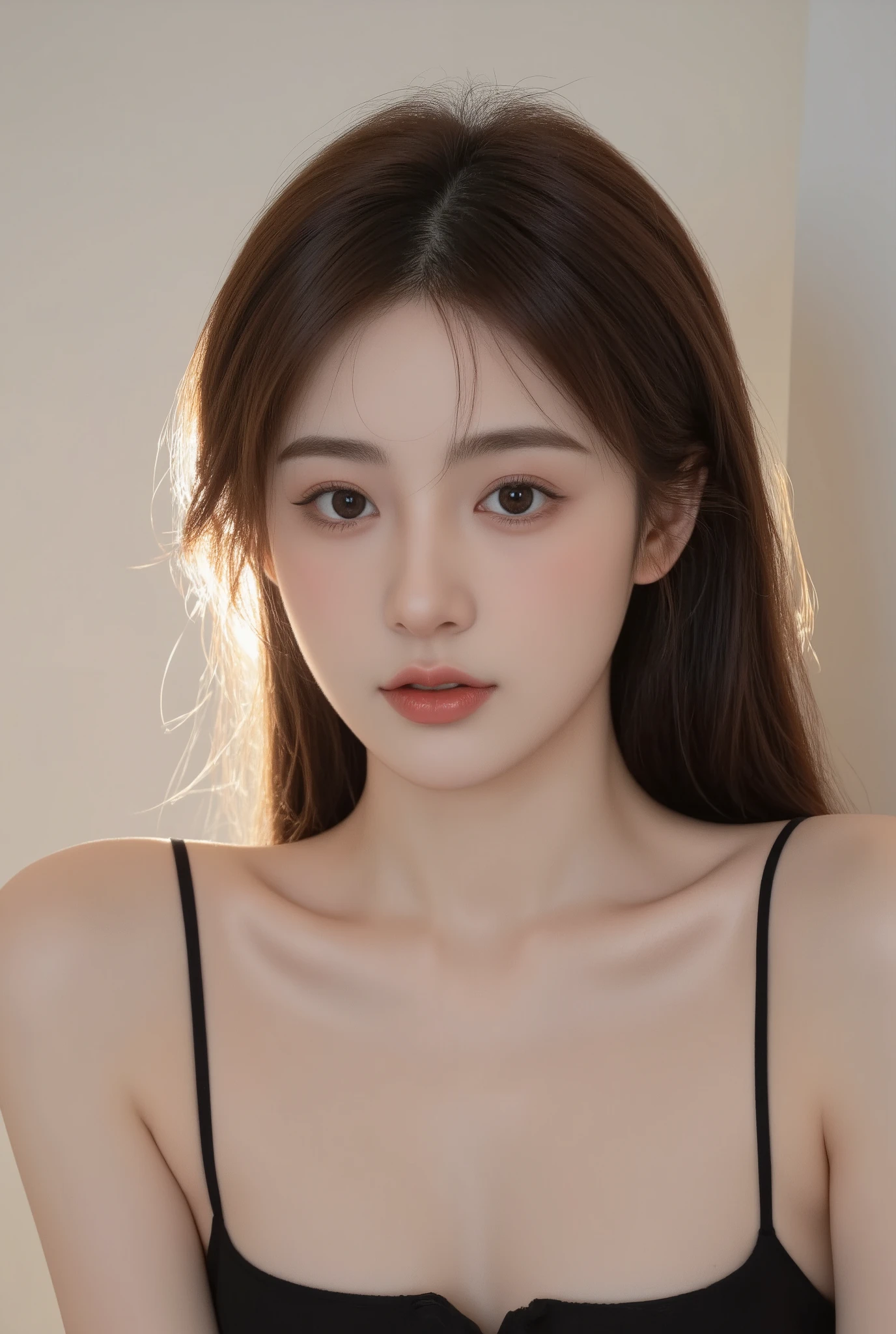 最佳质量,nmasterpiece,UltraHighResolution,(Realistic big breasts:1.4),OriginalPhoto,(Authentic skin texture:1.3),(filmgrain:1.3),the panorama,18yo girl,Portrait of character,Haut du corps,ponytailhair,narrow waisted,inside room,largebreasts,mesmerizing eyes,Beautiful details for eyes and face,,brown-eyed,Smile with