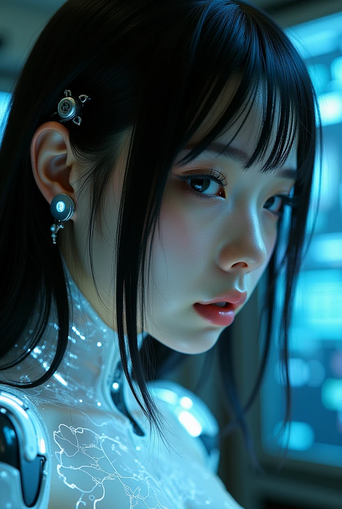 (kpop idol:1), 1girl, 18 yo, (sexy:1), fit, hot, (slim body:1.2), pale skin, (seductive:1.3), (dark hair:1.4), (small breasts:1.3), (looking at viewer:1), (half body:1.5), (sitting:1.4), futuristic, cybernetics, cyberpunk, (cyborg:1.2), (robot arms:1.4), (raining:1.2), (silver jumpsut:1.1), (alley), Shibuya at night, (night:1.2), (colorful neon lights), (fog:1.1), (PureErosFace_V1:0.5), 8k, (best quality), (ultra-detailed), (best illustration), (realistic, photo-realistic:1.37), (night photography), (medium close up:1.3), lens flare, shade, backlighting, depth of field, natural lighting, hard focus, vibrant details, anatomical, extremely delicate and beautiful, amazing, finely detailed, masterpiece,