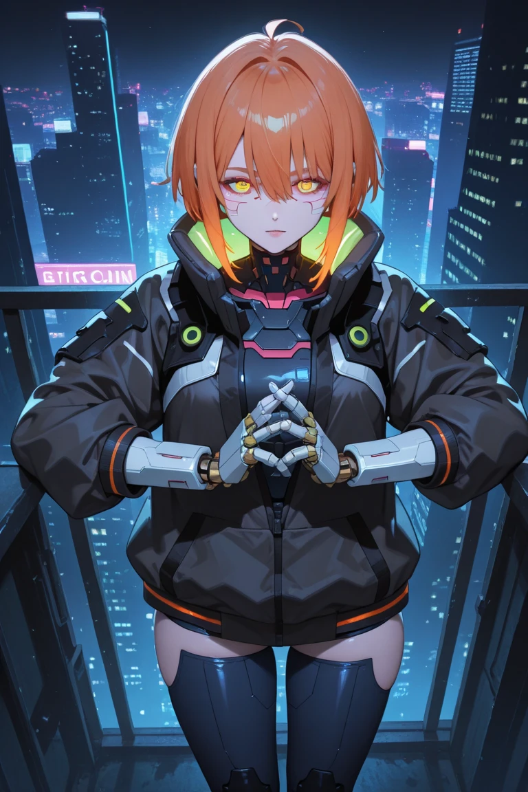 (Best Quality, ultra-detailed, master piece, in 8K, Back alleys, Night in the Big City, point of view,),lady wearing a mask in short zip hoodie over thin fabric white and partly orange bodysuit bodysuit, ( gun in hand, sky-blue medium hair, purplish red eyes, enormous breasts, It feels so good, she's in love with, glad, eyes closed),