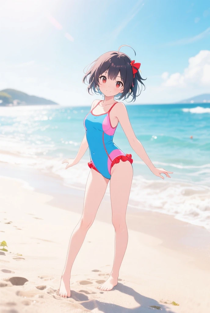 Highest quality、High resolution、Detailed Background、(Beautiful face in every detail:1.4)、Anatomically correct、Hide your fingers、(Detailed facial expressions)、Teenage beauty、(Highly detailed face:1.4)、cute hair color、Brown Hair、Black Hair、Braided bob cut、Braided Ponytail、Braided twin tails、well-groomed eyebrows、A big smile、Uplifting、Cute gestures、A fun atmosphere、
Summer sun、Shining Sea、Small footprint、Walking on the beach、
Enjoy splashing around on the shore、Take off your sandals and jump into the sea、Running around holding hands with friends、
The sea breeze makes my heart feel light、Smiling and innocent play、Endless blue sky and sea、Everlasting summer memories、
(Two girls playing innocently on the beach:1.5)、
Vivid color frill bikini、Cute frilled bikini、We recommend vivid colors such as bright pink and blue.、
Striped one-piece swimsuit、Sporty and casual atmosphere、Short length or A-line style、
Ribbon design tankini、Tankini with ribbon on the tank top、It is both cute and sporty.、Pair your bottoms with shorts、
Bikini with flower print、Floral and tropical bikinis、A glamorous and feminine impression、Even though the design is simple, the pattern creates a cute look.、cute
