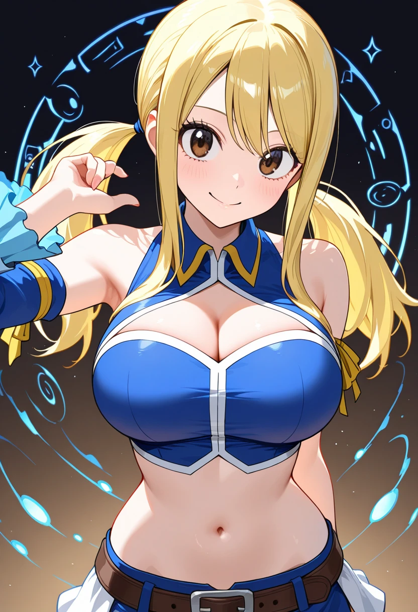 ((Highest quality)), ((masterpiece)), (detailed), One girl, sexy、Magical girl、Lori、Firing lightning magic、Blonde、Long Hair、Fluffy hairstyle、Big Breasts、flying、Night Sky、Pointing the finger、smile、Mouth open、Lightning is falling、Eyes are shining、Jewelry on the chest、Big ribbon on head、I can see her cleavage、Shiny skin、Sweat in the chest、Rays of light shoot out from his fingers、Gold and blue clothes、Showing teeth、chest protruding from clothey breasts are sticking out of my clothes、The upper half of the chest is bare、Soft looking breasts、Shiny nipples、