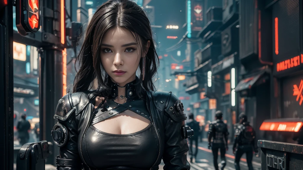 ((Best quality)), ((masterpiece)), (highly detailed:1.3), 3D, beautiful (cyberpunk:1.3), stylish woman looking at camera black leather clothes