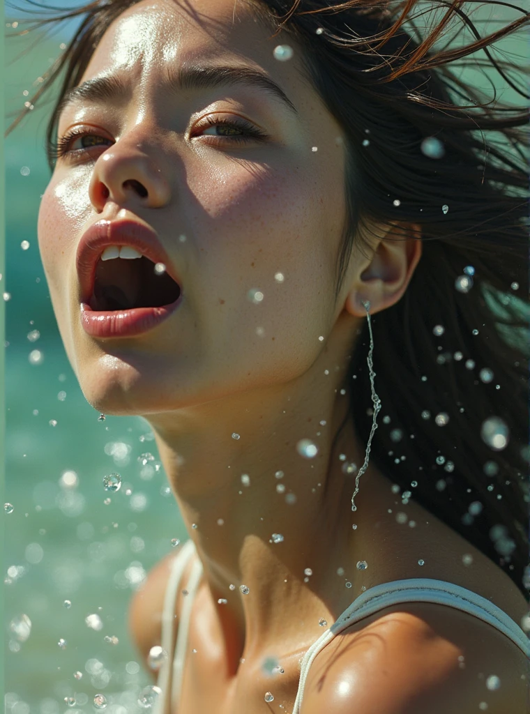 Beautiful girl in a bikini, (8k、raw photography、Highest quality、Masterpiece:1.2)、(realistically、Virtual image:1.37)、very detailed、Ultra high resolution、1 white girl、Beautifully detailed face、big, full breasts, sea、seen from the side、half body、((((Long hair blowing in the wind))))、((((Hair blowing in the wind))))、My hair is fluffy and blown away., hair spread out, Swing me, send light signal、side view, Water splashes in a spiral, Wet hair, Water drops spread out in spirals., squirting