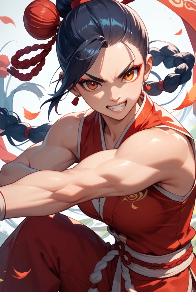 1 girl, long black hair with a ponytail (avatar style), red eyes, beautiful, light skin color , wide shoulders, thin waist, medium breasts, defined thighs, thin, defined lean , showing abs ,wide hips, medium ass, avatar style, dark red tank top from the fire nation (avatar), long skirt(avatar style), showing the thigh , striking with the legs, kicking an opponent, kicking in the air