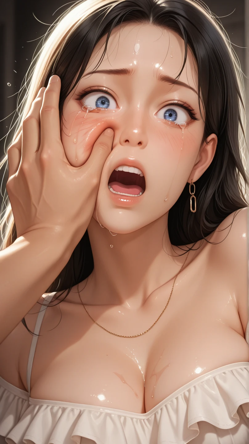 4K, ,Lens flare ,mascara, eyeliner, god rays, 4K, 8K, best quality, masterpiece, hyper detailed,(masterpiece:1.2, Highest quality), (Realistic, photoRealistic:1.4), Beautiful illustrations, (Natural Side Lighting, Cinema Lighting), Angry expressionでビューアーを見る, Cowboy Shot, Front view:1.0, 1 girl,, Perfect Face, , Shiny skin, Swept-apart bangs, Dark brown eyes, Long Eyelashes, (Big Breasts:1.5, Captivating thighs), Beautiful Hair, Beautiful Face, Beautiful fine details, Beautiful clavicle, Beautiful body, Beautiful breasts, Beautiful thighs, Beautiful feet, Beautiful fingers, ( Upward glance), ((Huge boobs:1.5)) 、 Female orgasm、(((Full nudity:1.5)))、Erotic、Climax、((Staring intently at the audience:1.7))、((Licking the head of the penis vigorously with a long, dripping tongue:1.5))、((ejaculation:1.7))、((Glasses:1.3))、((Completely naked:1.5)),((Angry expression:1.7)),((After being licked, a small, thin penis dripping with saliva is buried deep between her tits and given a titjob.:1.5)),,((Ultra-detailed, sexy tongue:1.5)),((Glowing skin with transparent oil:1.5))