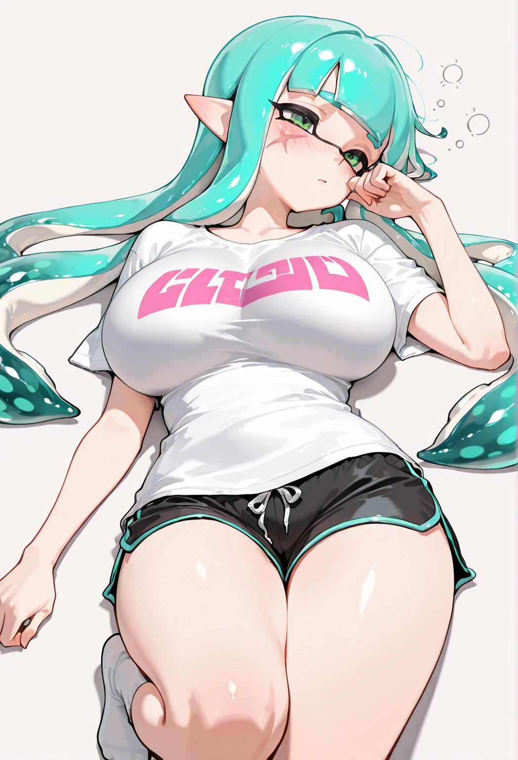 Erotic Anime Illustration、highest quality、Sex Appeal、Downtown Street、Savage Laughter、Road surface covered with graffiti、Selling aphrodisiacs、Splatoon、Plump Gal、Perfect proportions、Very large breasts、Fatty legs、Beautiful, shining eyes、Squat、Sweaty、Cowboy Shot、Hatsune Miku