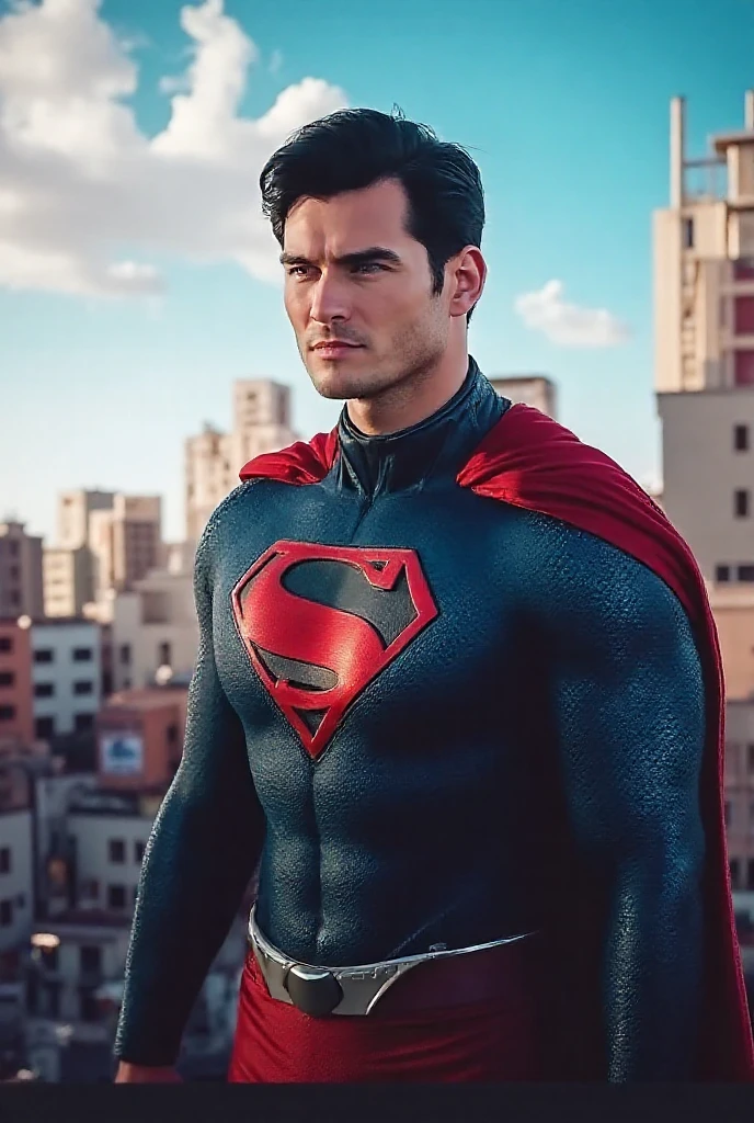 Superman award-winning photo of a man, Blue and red superhero suit, square jawline, asymmetric face, in rain, smiling, purple light, 80mm, bokeh, mass effect, close up, fking_cinema_v2, 8k, cinematic