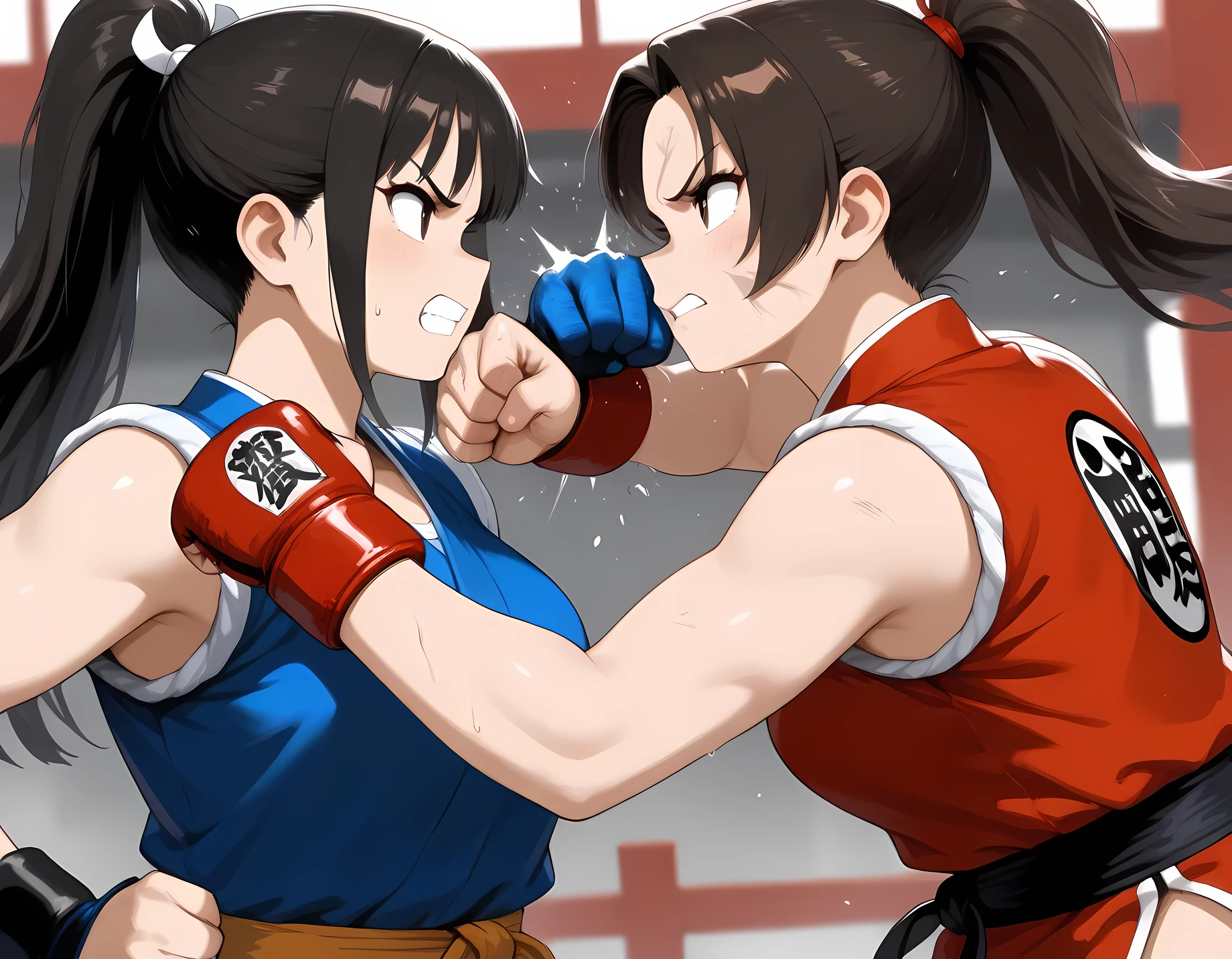 ((best quality)), ((masterpiece)), (detailed), perfect face, textured skin, ((super detail)), high quality, high details, Two female martial artists, Cross counter punch each other in the face, The arms of the two fighters cross and their fists hit each other in the face, Chinese martial arts masters, Hairstyle (one has brown ponytail, the other has medium-long black hair), The final blow to decide victory, Full Power Punch