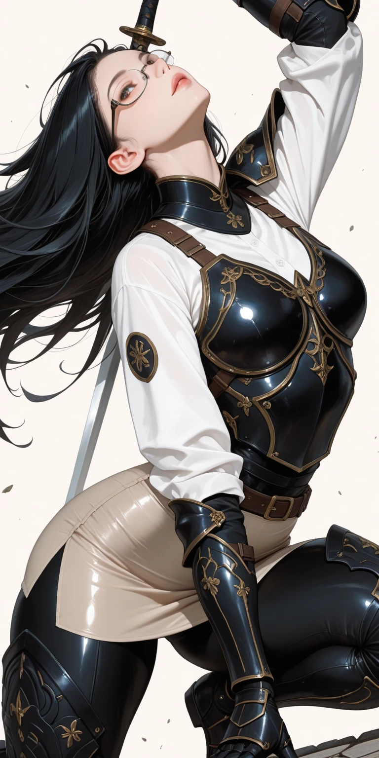 in style of Arthur Adams,in style of Aubrey Beardsley
(1 girl ),Above the knee shot,from side,bikini_armor,see through fullbodystocking under the armor,(arm_held_back),(gravure_pose:1.8),high ponytail,incredibly long hair,small breasts,
BREAK
(stand sideways:2.4),(mid breasts facing the viewer:2),(arm cross the ass:1.8),