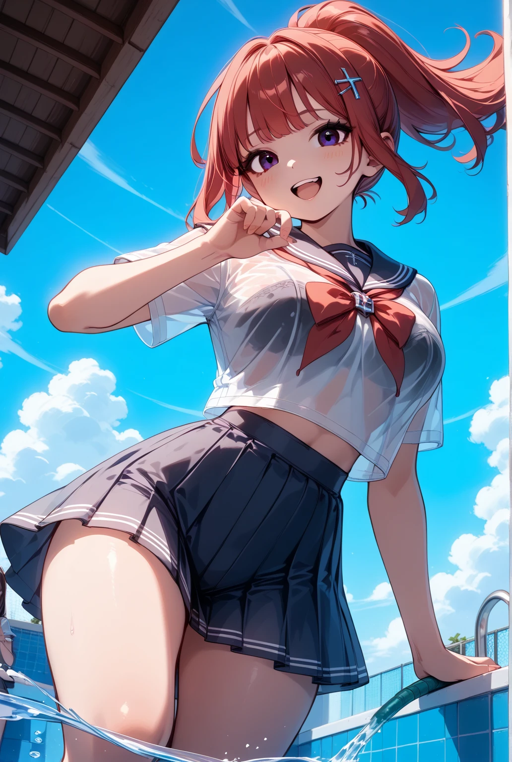 (Highest quality:1.2, Manga works, Manga style, Very detailed, Latest, Vibrant, digital coloring, High Contrast, masterpiece:1.2, Highest quality, Best aesthetics, There is), ((( 1 female:1.2))), Black Hair, Random hairstyle、Gradient Hair, Reddish brown eyes,(Sailor suit、White shirt、Pleated skirt、Cute panties:1.2)、necklace, Beautiful thighs, loafers、Open your mouth, smile, Random sexy poses, Cowboy Shot, Simple Background.Voluptuous bust、Camel Toe、Night view、Streetscape、Skirt gets flipped up、Panty shot、From below、Pussy juice:1.3