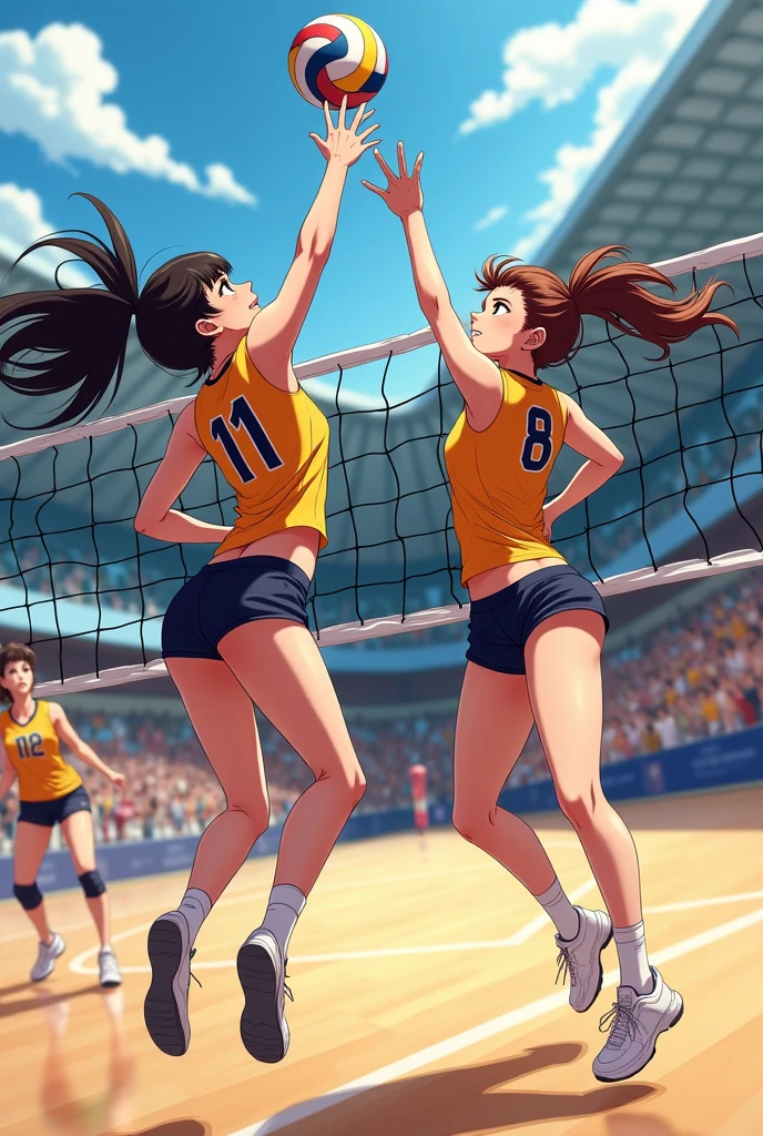 Play a professional male volleyball player alongside a female volleyball player. The player has wavy brown hair and her skin is olive.. The player has normal brown hair and his skin is white..