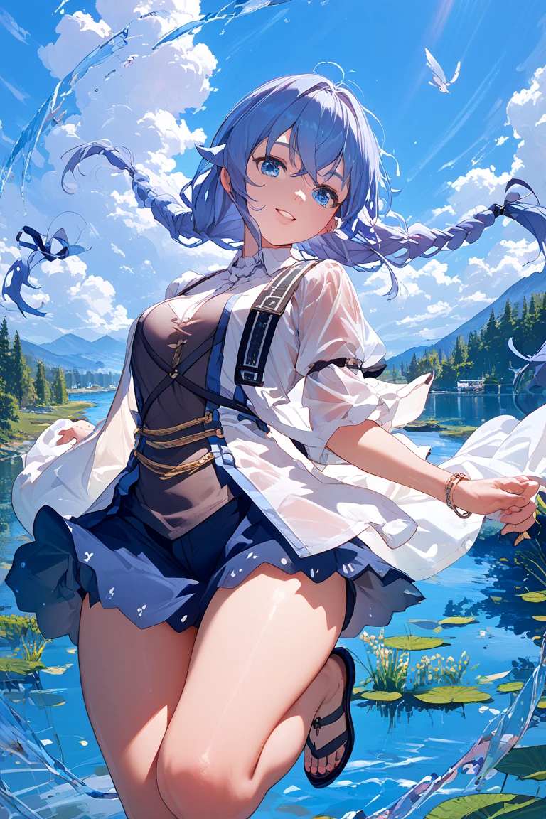 Highest quality, Highest quality, High quality illustrations, masterpiece, Ultra-high resolution, Detailed Background, Absurd, Perfect Anatomy, performance, Good lighting, Shadows in the movies, 1 girl, solo, ganyu \(genshin impact\), Purple eyes, long hair, light blue hair, long ponytail, Brownish horns, alternate costume, large breasts, Sailor suit, Pleated skirt, Open your mouth slightly, smile, Dynamic Angle, Friendly atmosphere, Glossy Lips, A park full of greenery, Colorful flowers, Light and shadow with attention to detail, Background Blur, bewitching thighs, gleaming, shiny, shiny skin, shiny outfit, two beautiful legs