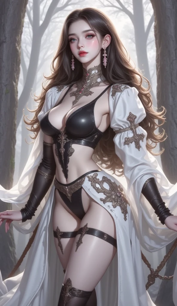 Master of animation, A perfect masterpiece, On a pure white background、Dressed in cool, sexy and modern clothes、Sexy mature modern woman standing, Flowing silver hair, Full Body Stand Posture, Thin legs, Straight chest, Detailed facial details, Natural and beautiful standing posture, Crisp and realistic body detail,NSFW