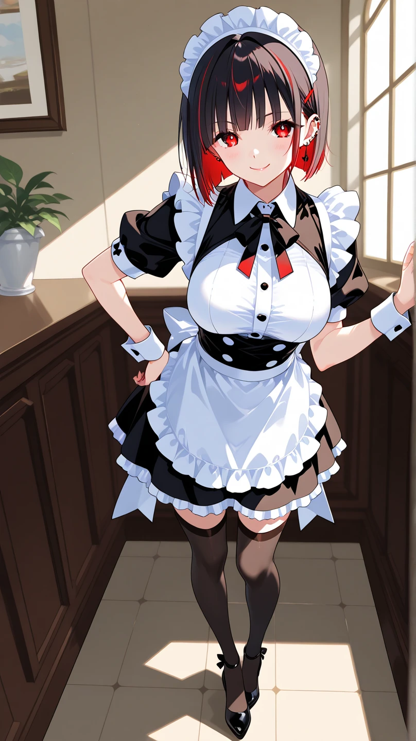 solo,1girl(big breast)(masterpiece, best quality:1.2),Ellen Jo,Zenless Zone Zero,alternate costume ,maid, shark tail, (shark girl:0.5), short hair,black hair,red eyes, tail, pantyhose,multicolored hair, black footwear, short sleeves, apron, wrist cuffs, maidheaddress, stockings, nyantchaellen joe, black hair, red hair,colored inner hair, multicolored hair, (red eyes:1.3), red hair, short hair, two-tone hair,apron, black pantyhose, black shirt, ear piercing,