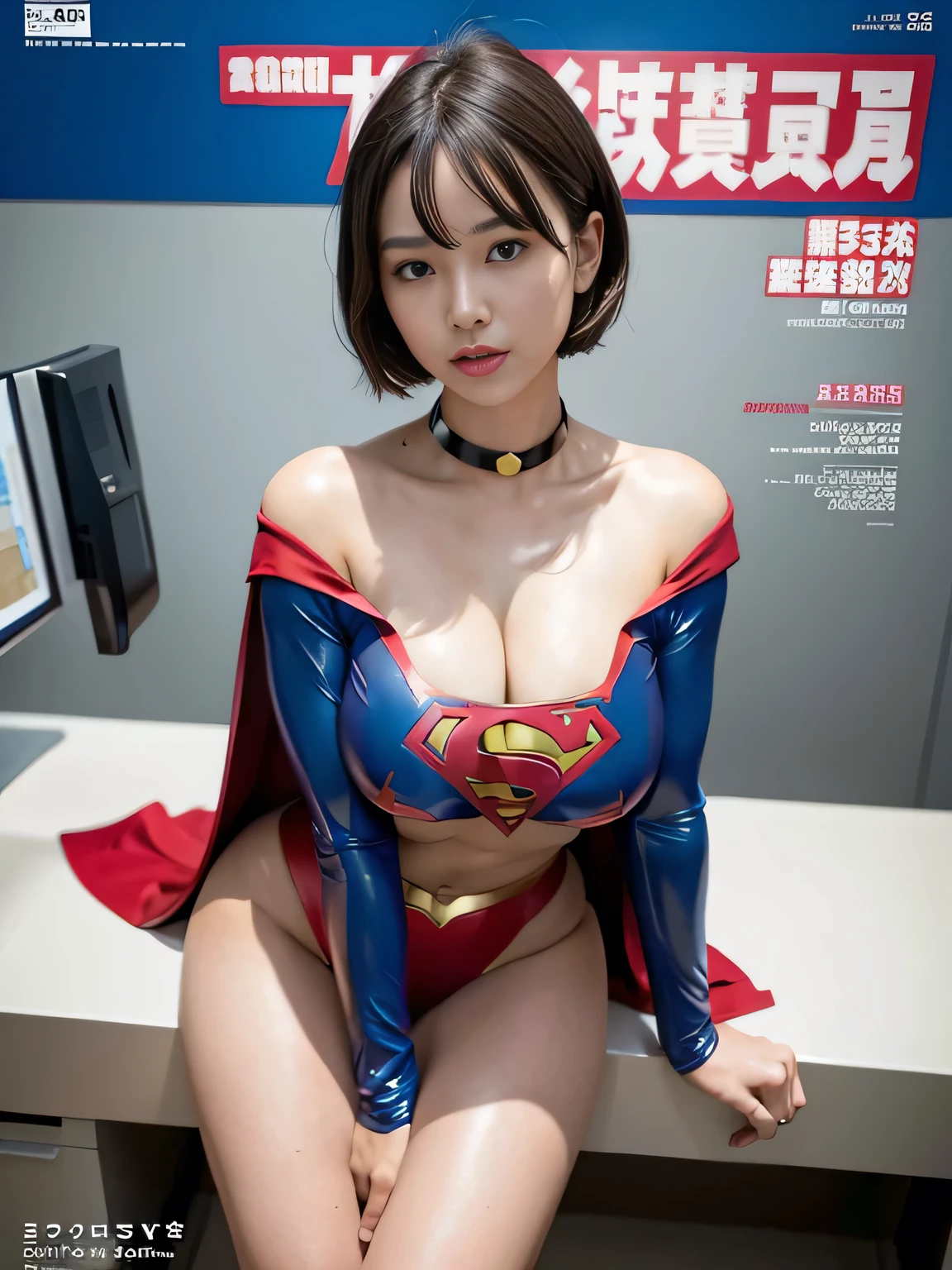 highest quality、masterpiece、Short-haired Supergirl sleeping on the operating table、plump breasts、look at the camera、choker、long sleeve、barefoot、magazine cover、High leg、red mini skirt、tight costume、confused、wide open legs、obscene、Show a glimpse、Glamorous、off shoulder、model body shape、